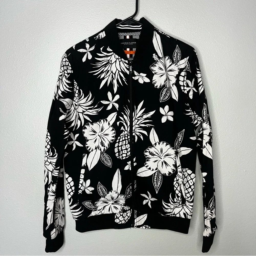 Denim &‎ Flower Ricky Singh Zip Up Jacket Women Medium Black White Tropical
